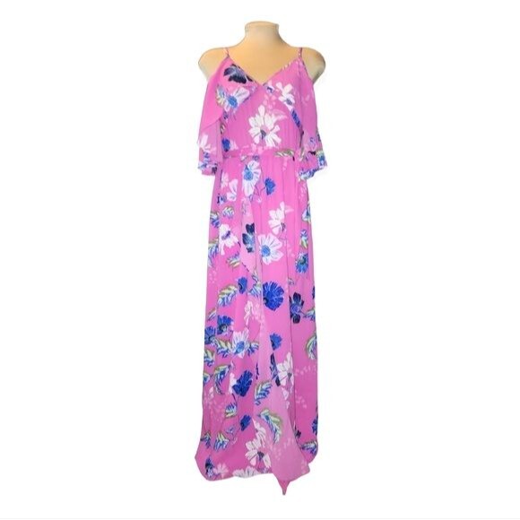 Rachel Rachel Roy NWT Women's Pink Floral Cold Shoulder Ruffled Maxi Dress Sz 8 - Picture 2 of 12